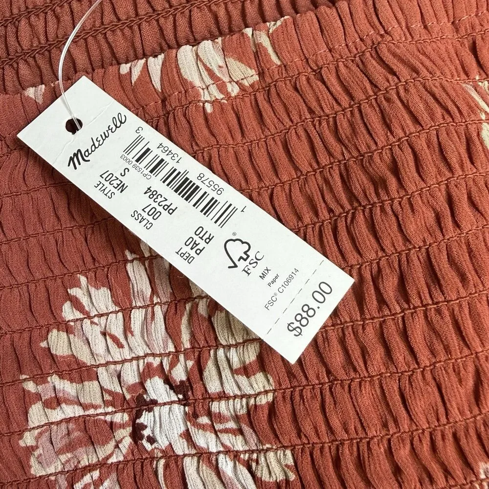 Madewell Moody Blooms Resourced Georgette Lucie Puff Sleeve Smocked Top Sm New